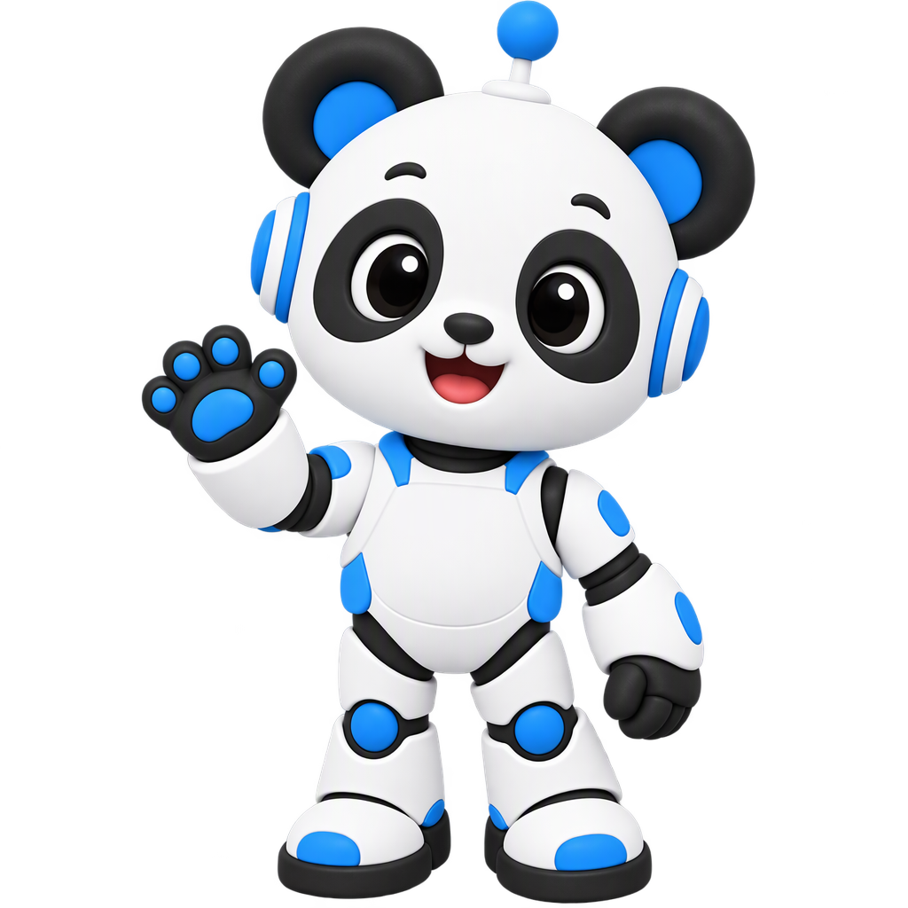 Mascote panda robot da PandoWeb a acenar